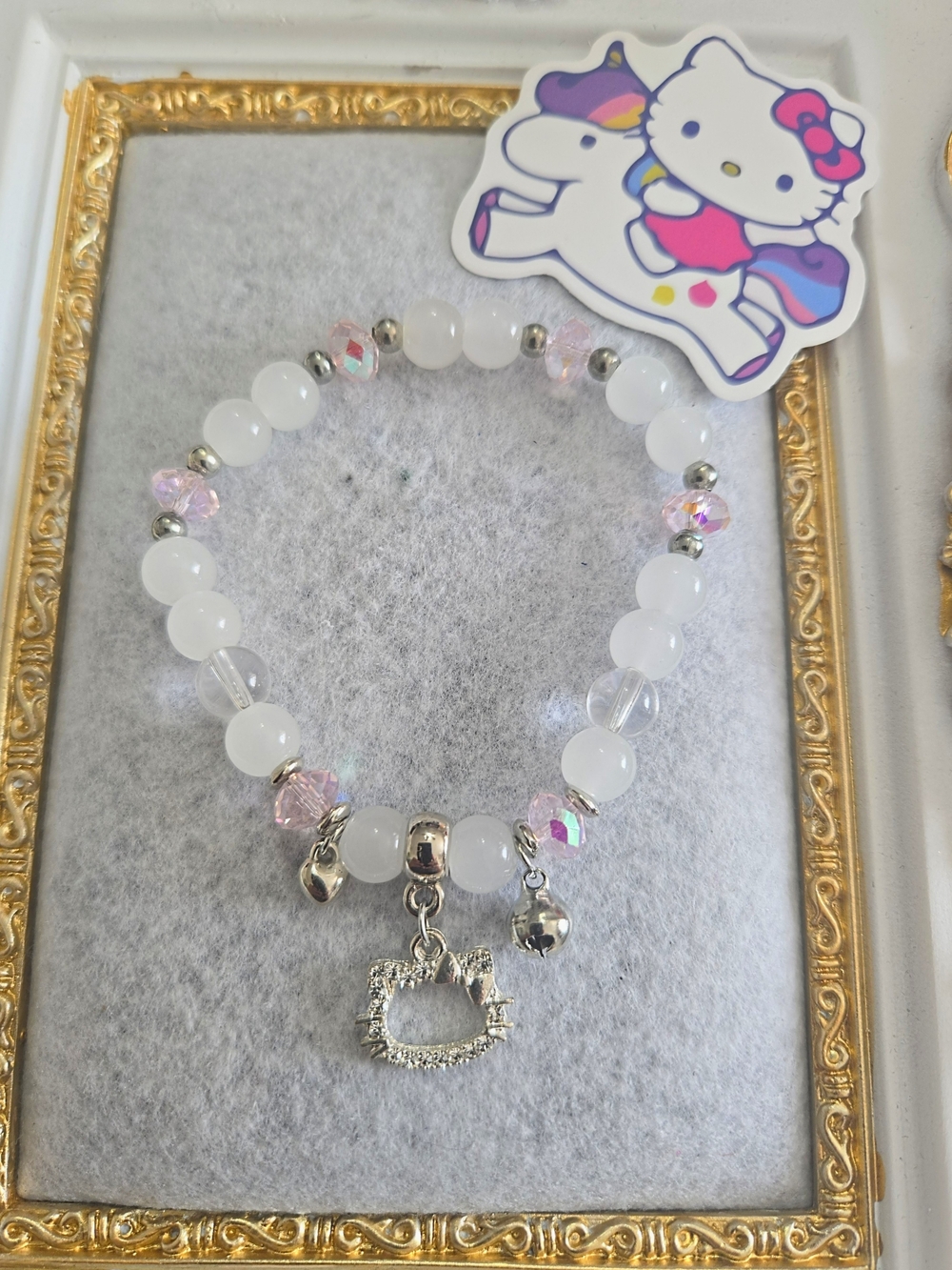 Hello Kitty Crystal Charm Glass Beaded Bracelet Jewelry Free Sticker